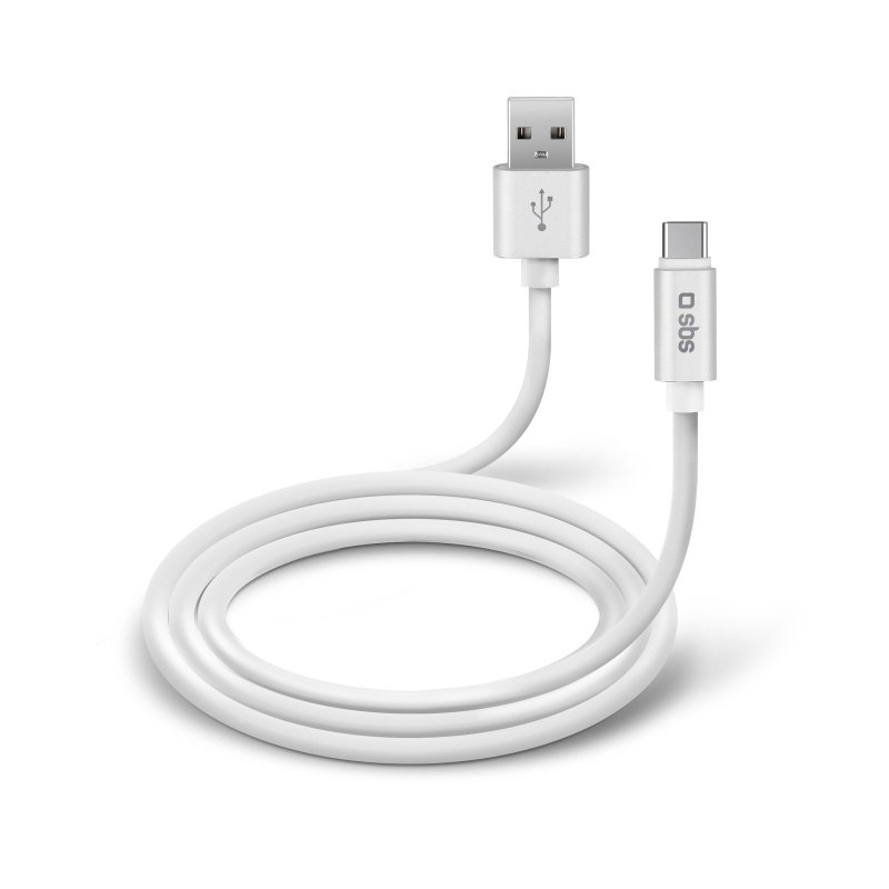 Un cable de carga USB-A a USB-C blanco, enrollado sobre fondo blanco.