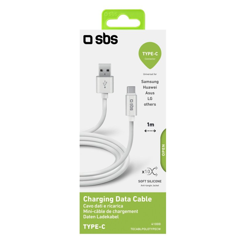 Cable de carga y datos USB-C blanco de SBS en embalaje verde y blanco.