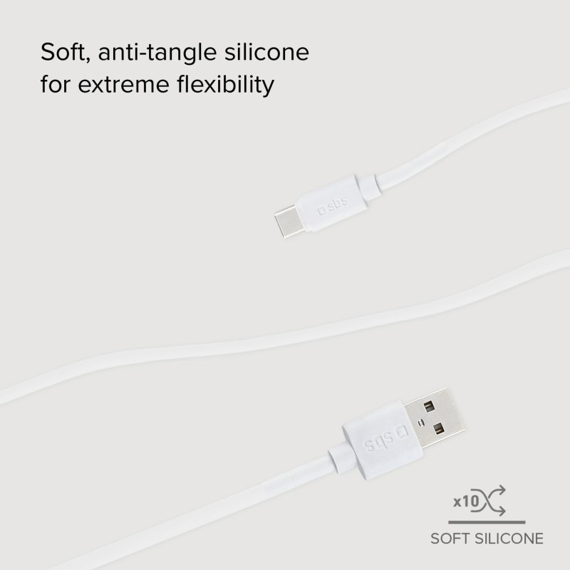 Cable blanco USB-C a USB-A sobre fondo gris, mostrando su construcción de silicona suave y anti-enredos.