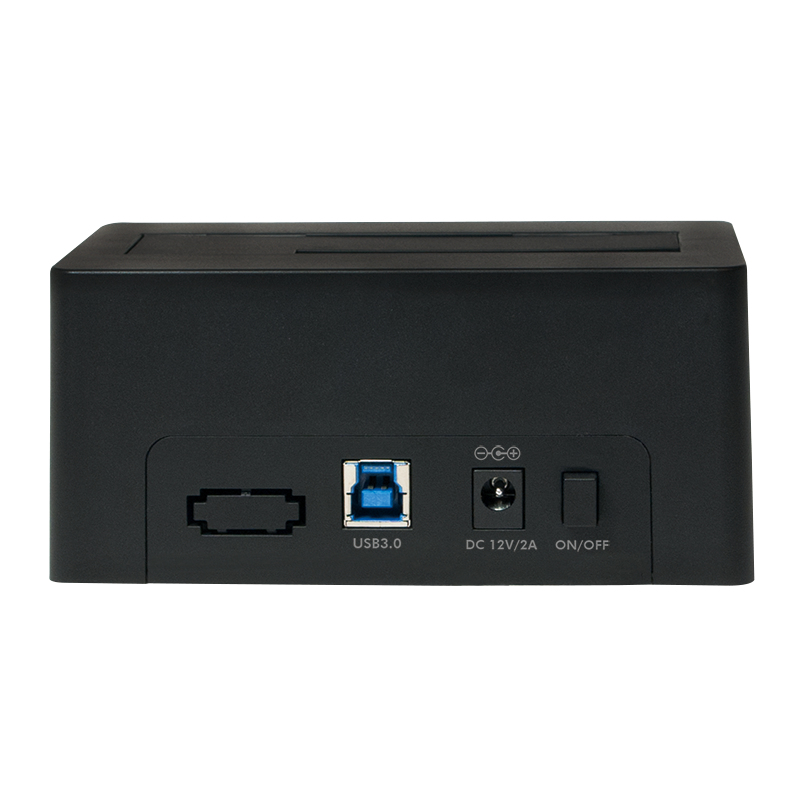 Pannello posteriore di una docking station nera con porta USB 3.0, presa di alimentazione DC 12V/2A e interruttore.