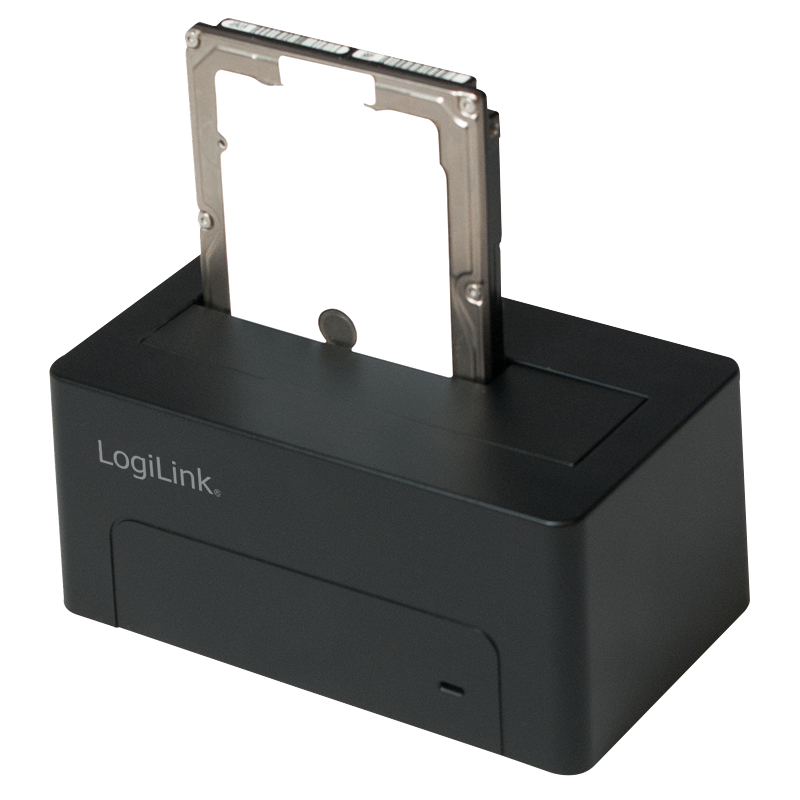 Un disco rigido bianco è inserito in una docking station nera LogiLink.
