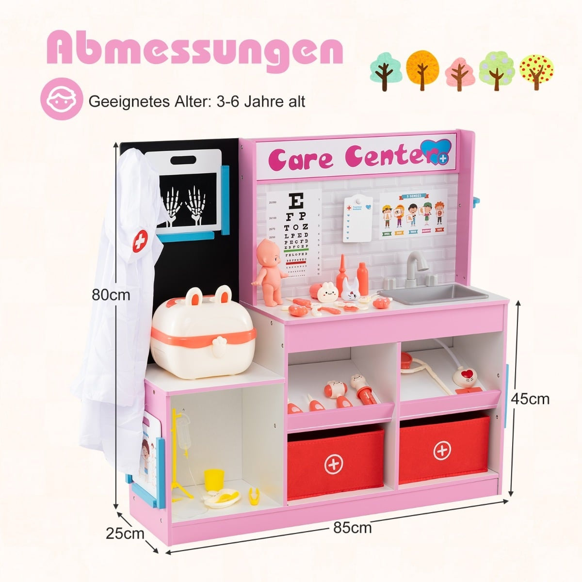 Centre de jeu de médecin rose et blanc pour enfants avec accessoires médicaux, dimensions 85x25x80 cm.