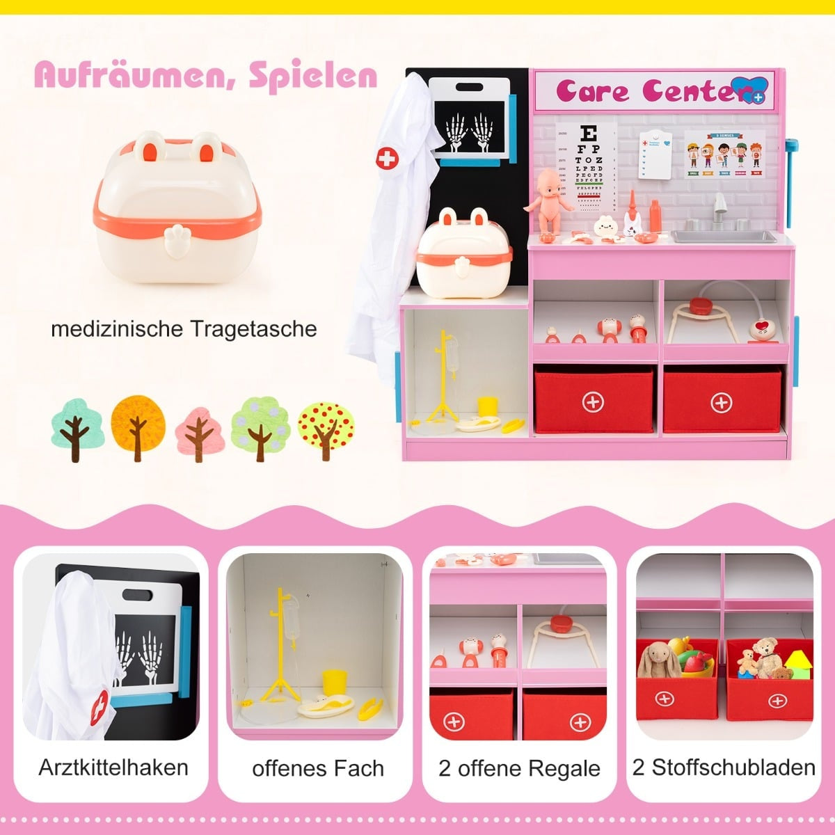 Ensemble de jeu de médecin rose pour enfants avec accessoires médicaux, étagères et mallette.
