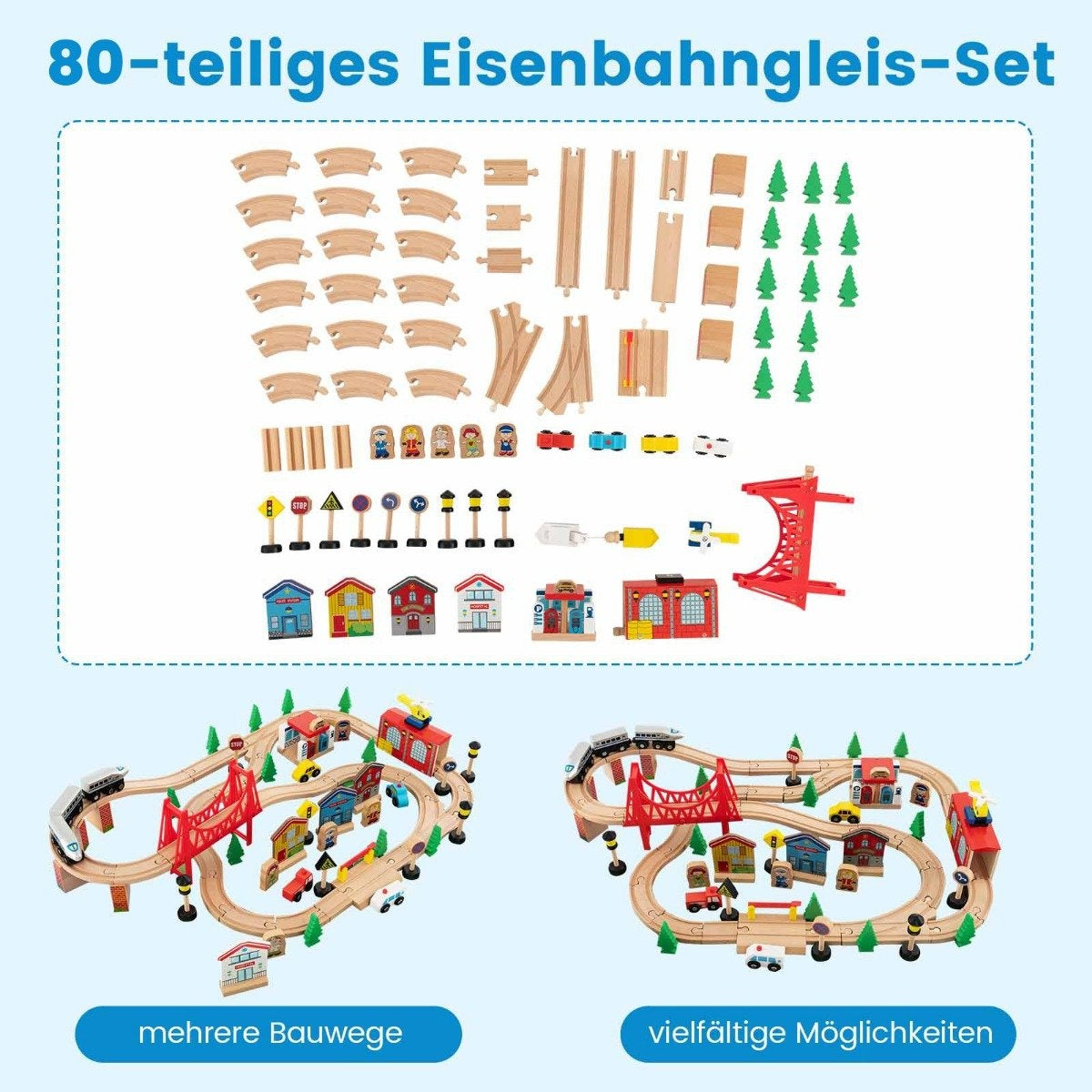 Un ensemble de train en bois de 80 pièces avec rails, trains, bâtiments, voitures et arbres.