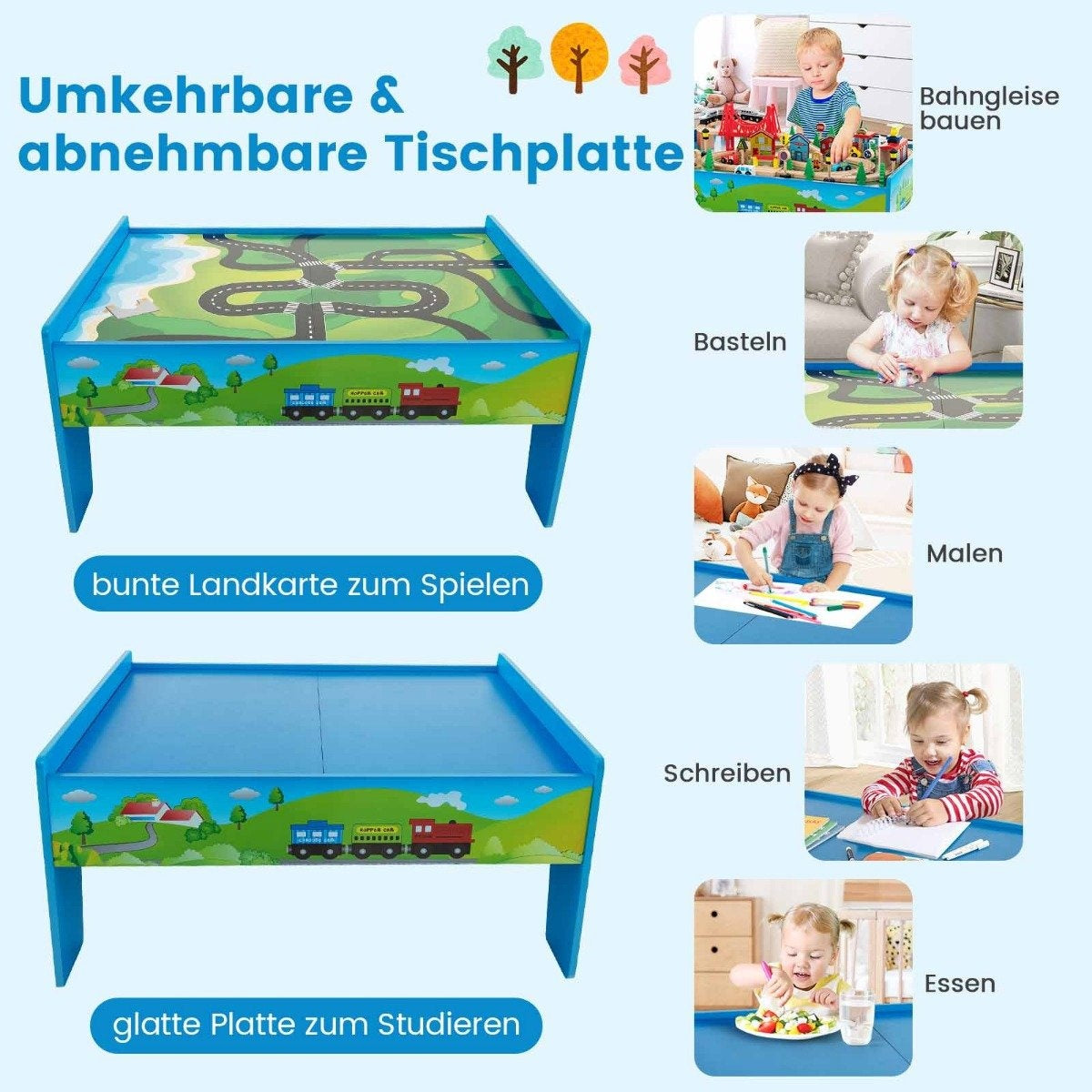 Une table de jeu et d'étude bleue pour enfants avec un plateau réversible pour jouer et manger.