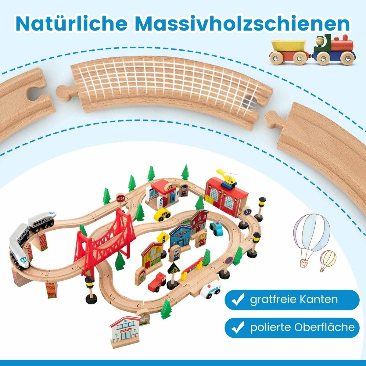 Circuit de train en bois avec rails, pont, petits bâtiments, véhicules et arbres verts sur fond blanc.