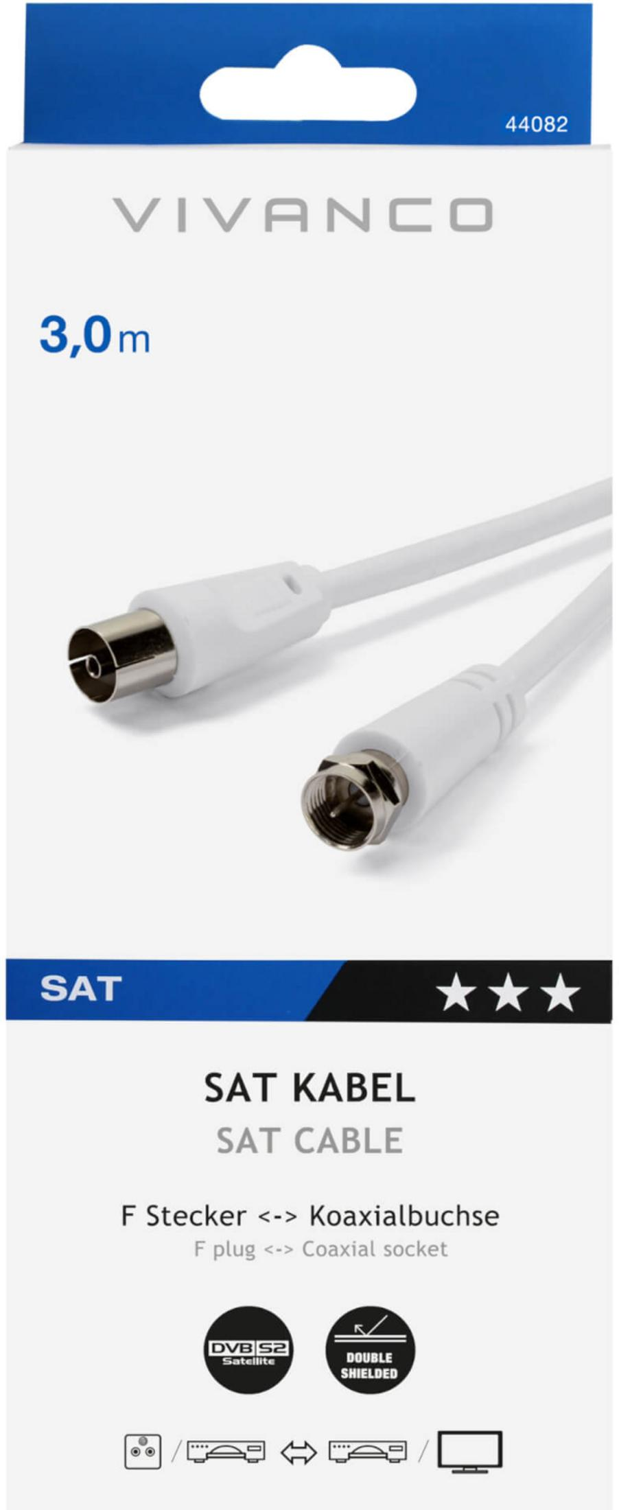 Cavo SAT Vivanco, 3,0 m, connettore F bianco e presa coassiale nella confezione.
