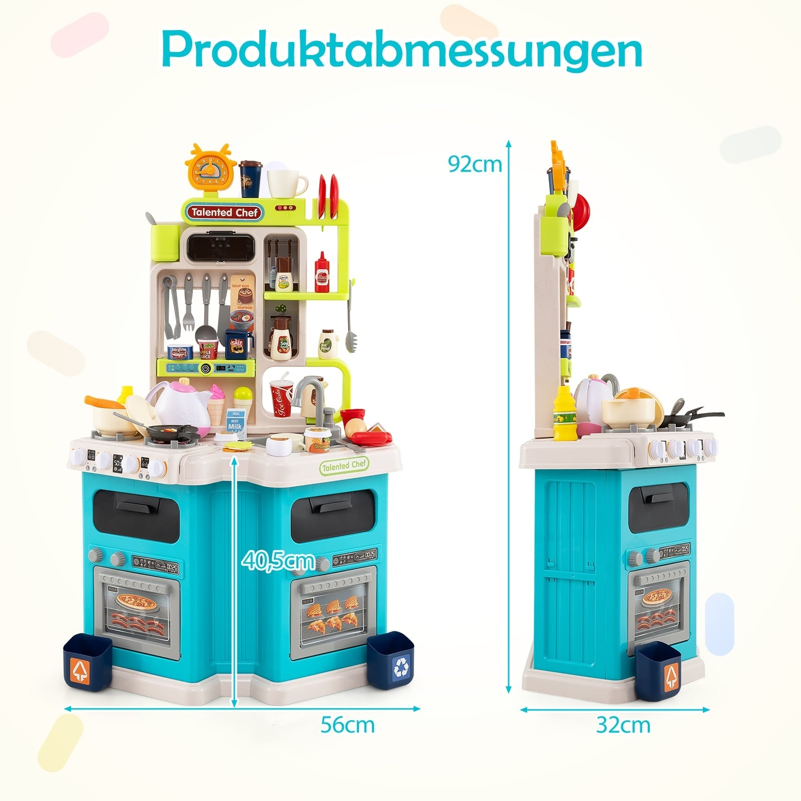 Vue de face et de côté d'une cuisine jouet colorée indiquant les dimensions : 92 cm de haut, 56 cm de large et 32 cm de profondeur.