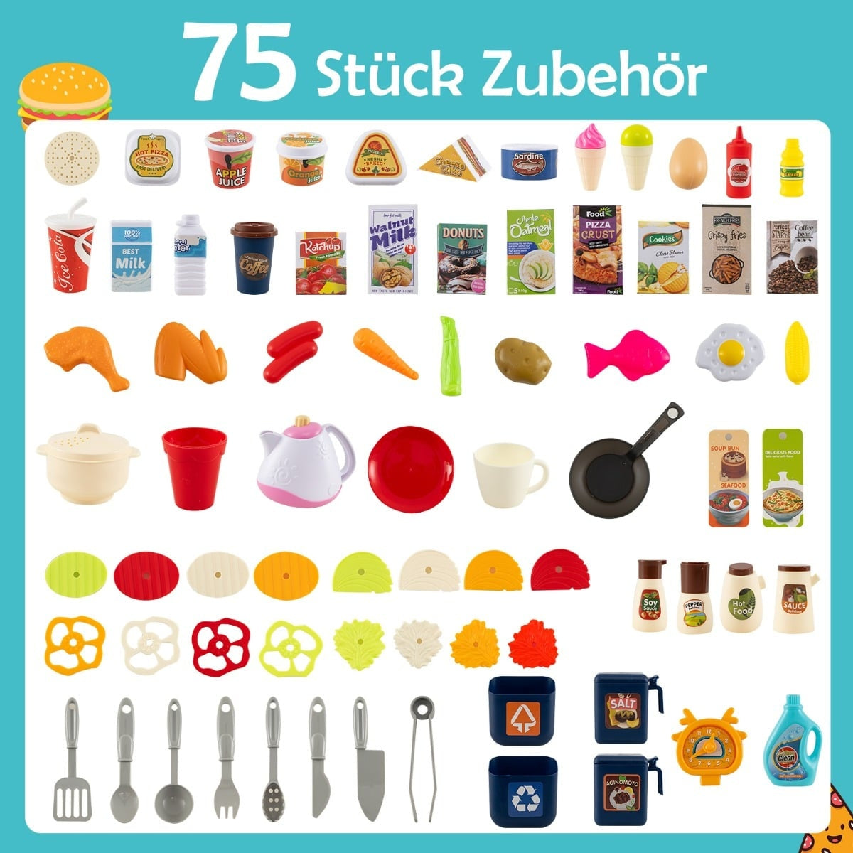 Ensemble de 75 accessoires de cuisine jouets, aliments et vaisselle sur fond bleu.
