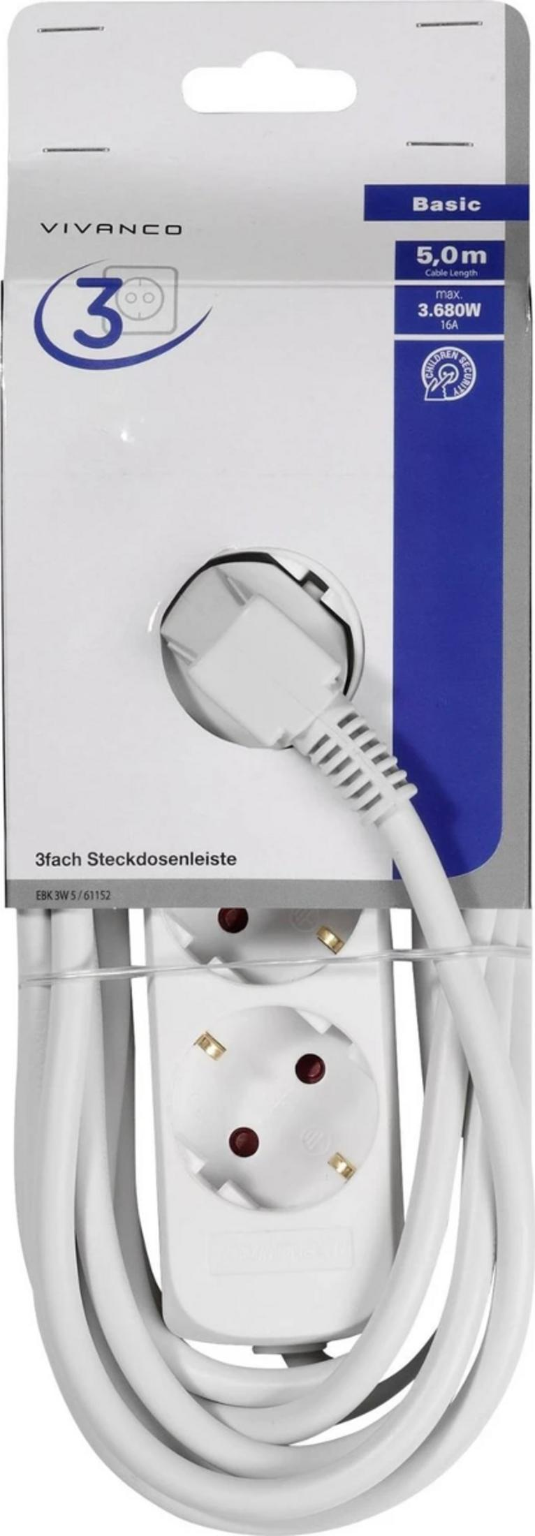 Eine weiße Mehrfachsteckdose von Vivanco mit fünf Meter langem Kabel in Originalverpackung.