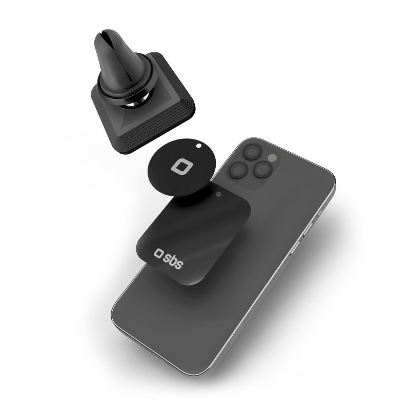 Supporto per auto nero con disco magnetico, piastra e smartphone.