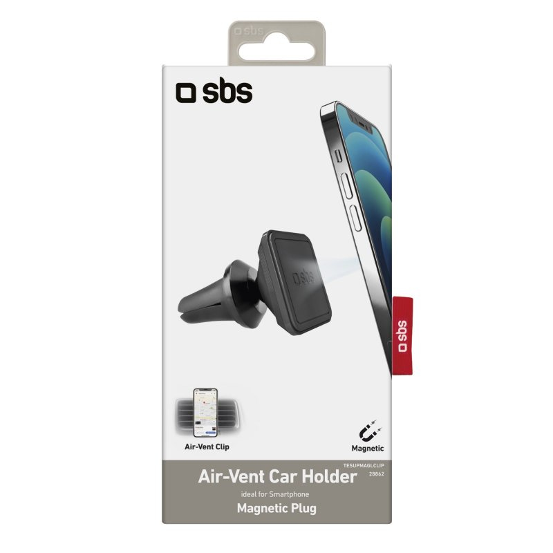 Confezione di supporto magnetico per auto SBS, con il supporto e uno smartphone sulla scatola bianca.