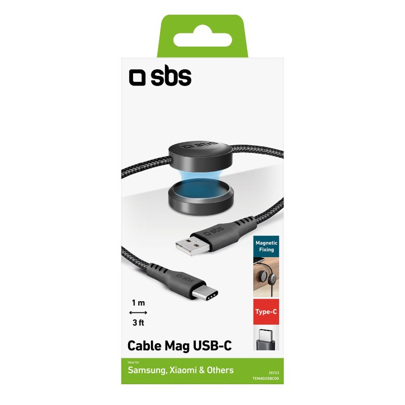 Produktverpackung eines schwarzen SBS Magnetic USB-C-Kabels mit 1 Meter Länge und magnetischer Fixierung.