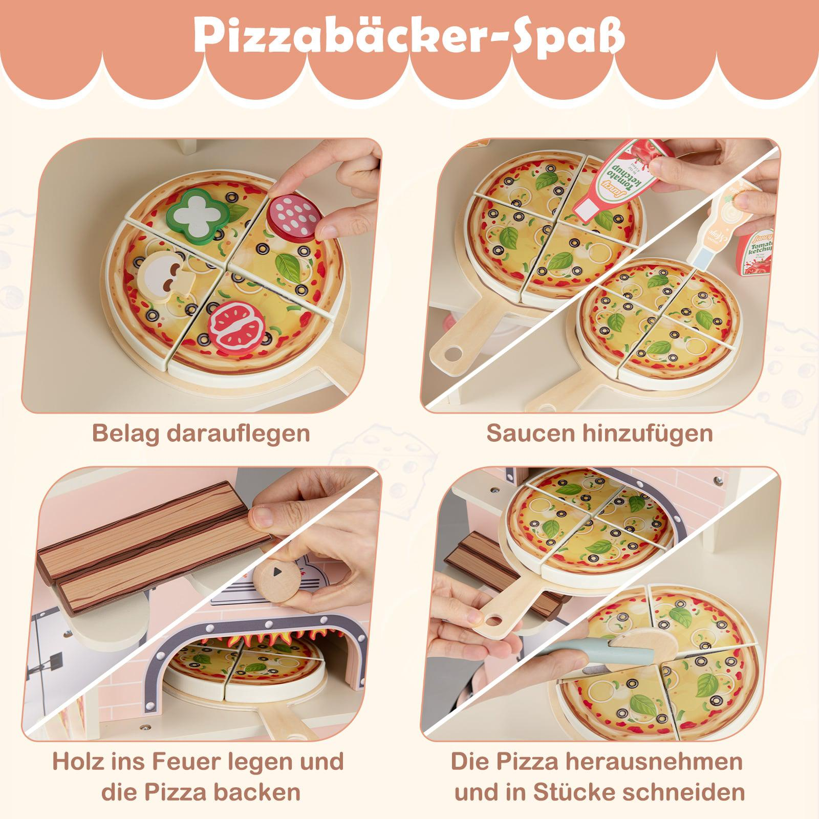 Quatre images montrent des mains jouant avec une pizza en bois : ajout de garnitures, sauces, cuisson et découpe.