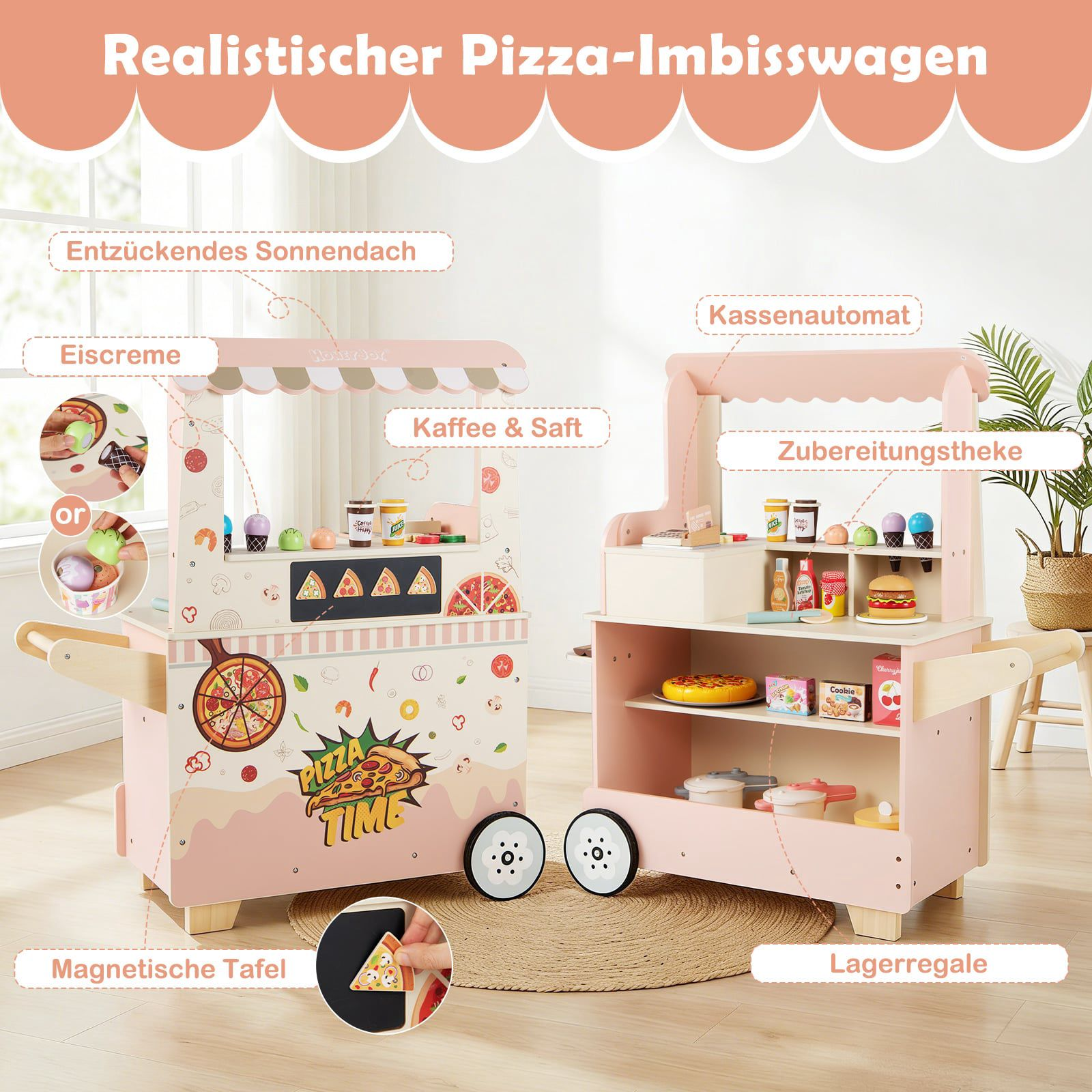 Deux chariots jouets en bois rose en stand de pizza avec étagères, boules de glace et caisse.