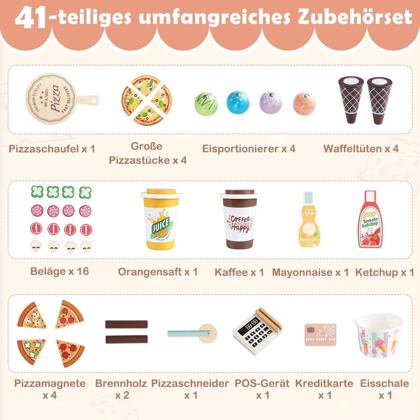 Un ensemble de jouets en bois de 41 pièces comprenant pizza, glace, jus, café, condiments et caisse.