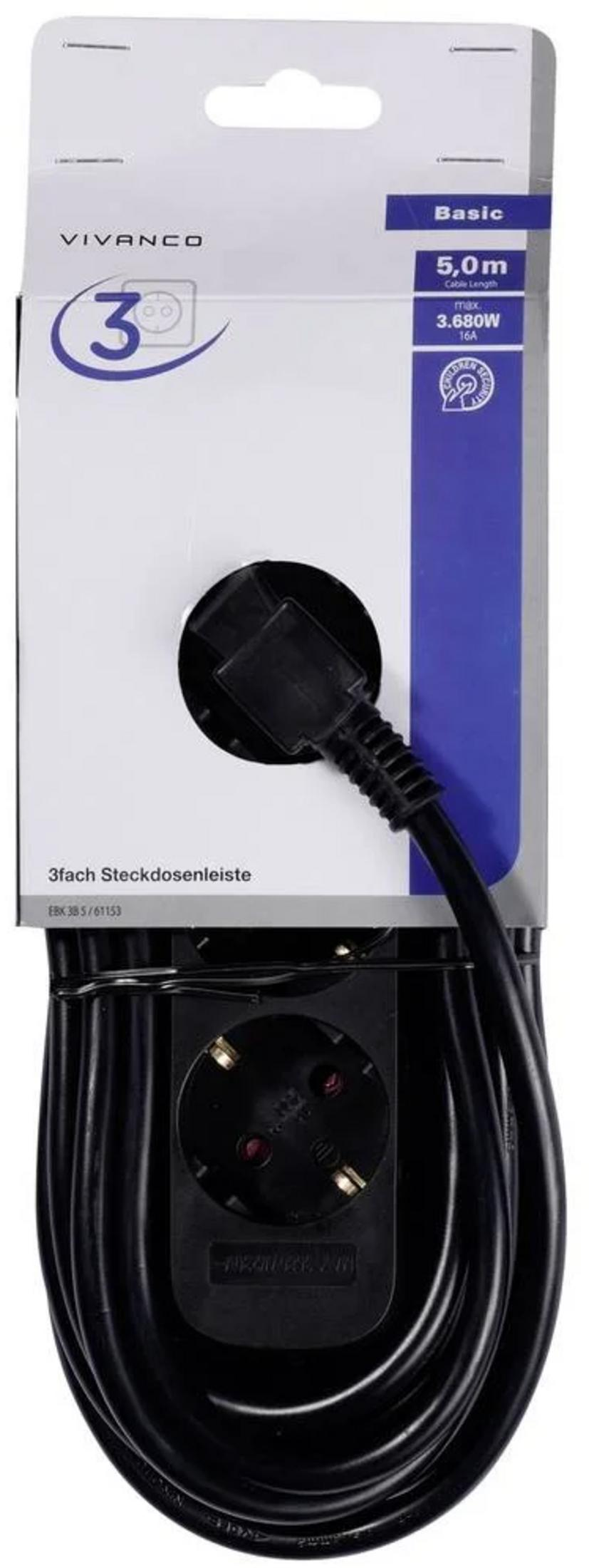 Verpackte schwarze Dreifach-Steckdosenleiste mit 5m Kabel vor weißem Hintergrund.