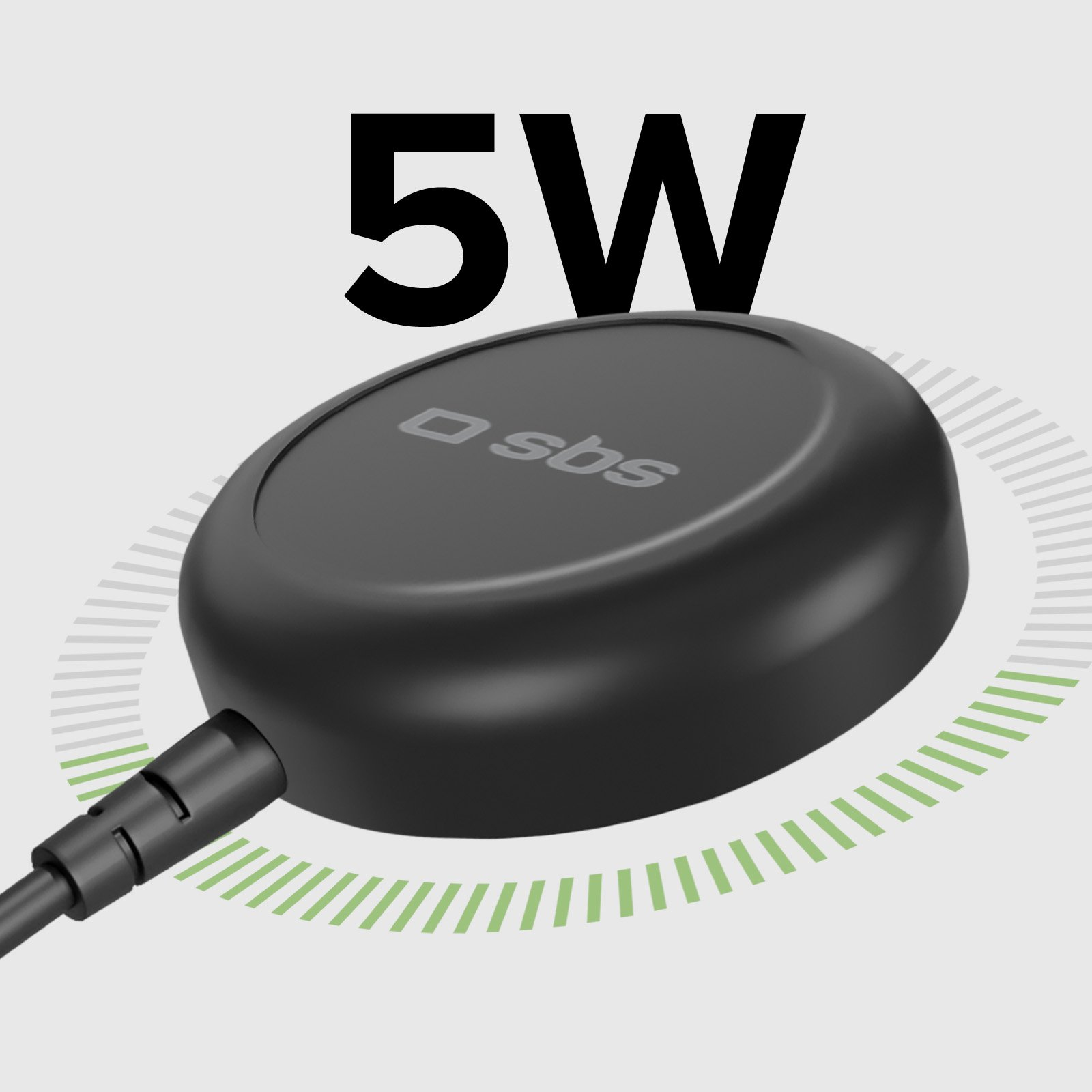 Caricabatterie wireless rotondo nero con cavo su sfondo grigio e grande testo 5W.