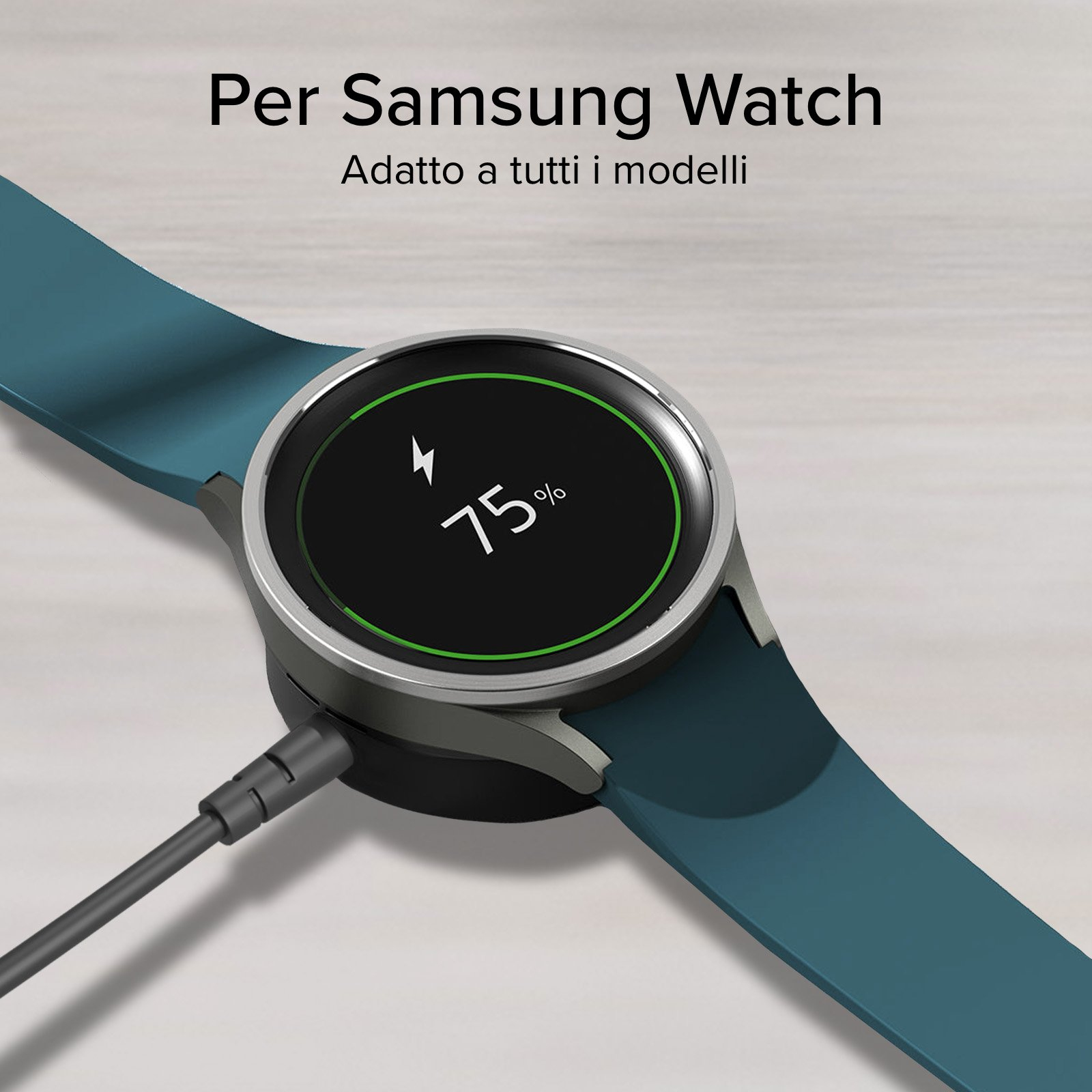 Uno smartwatch con cinturino blu è in carica e mostra il 75 percento.