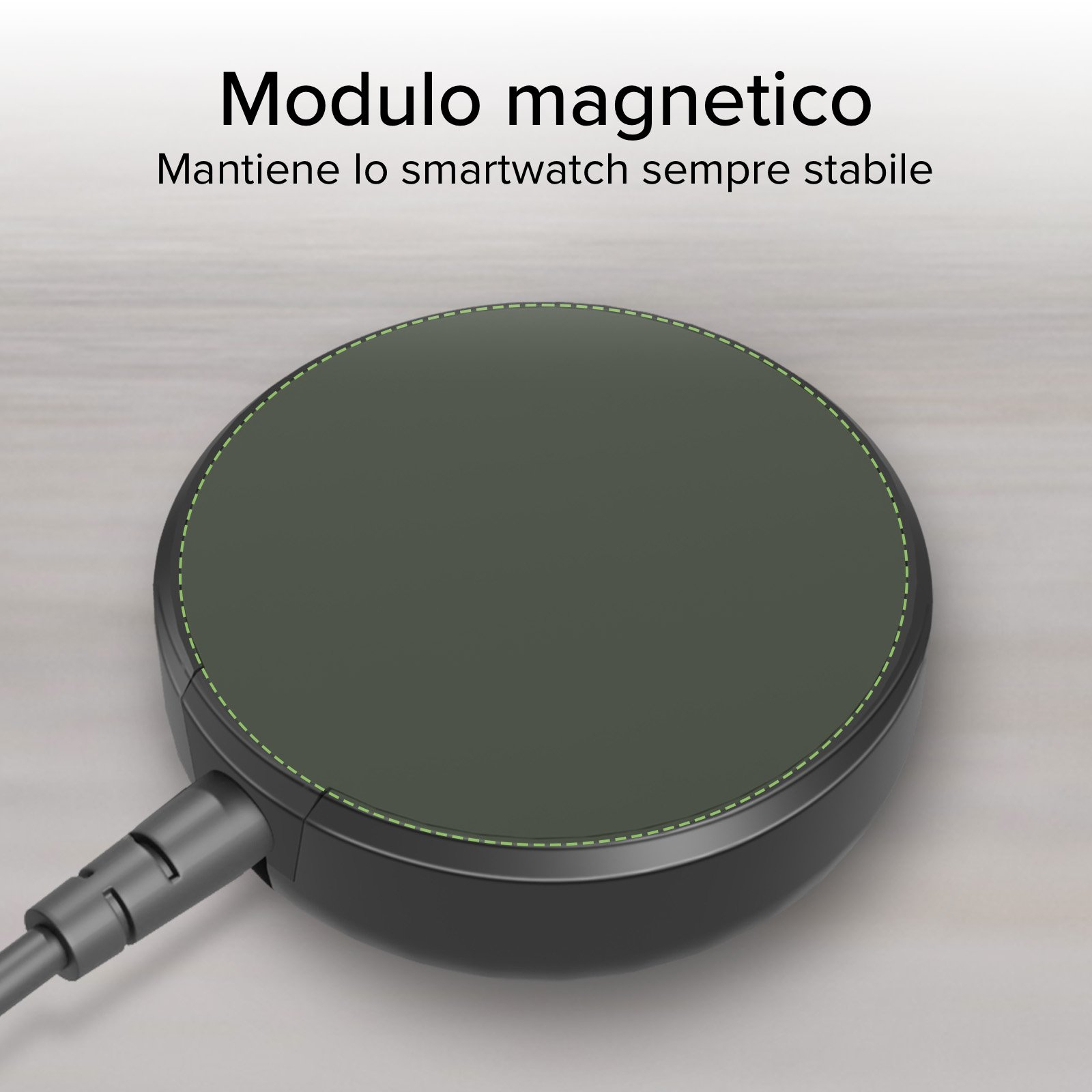 Modulo di ricarica magnetico nero per smartwatch con cavo collegato su sfondo grigio.