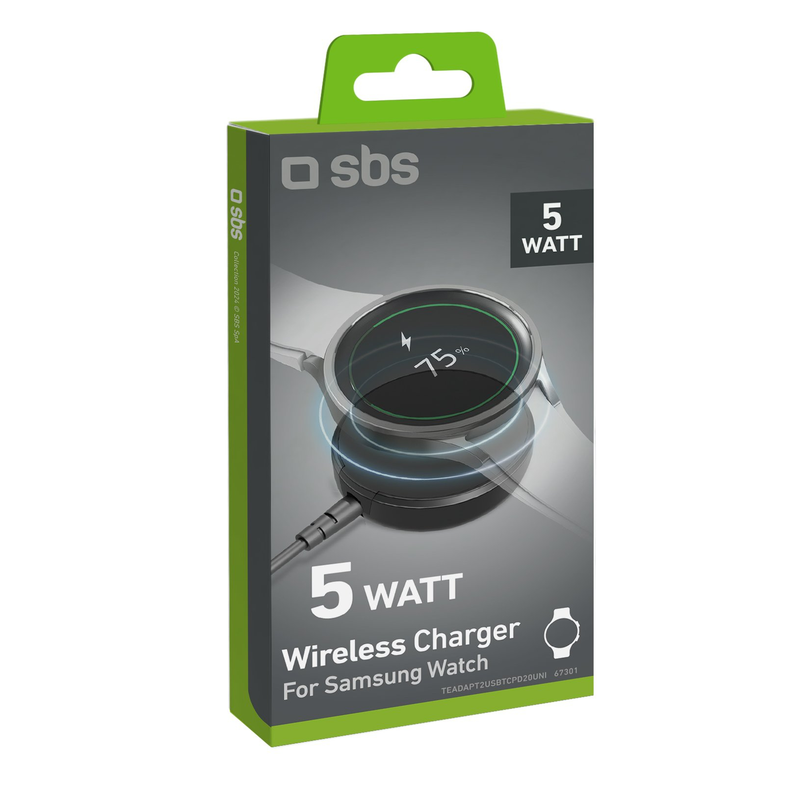 Confezione verde e grigia di un caricatore wireless da 5 Watt per Samsung Watch con grafica.