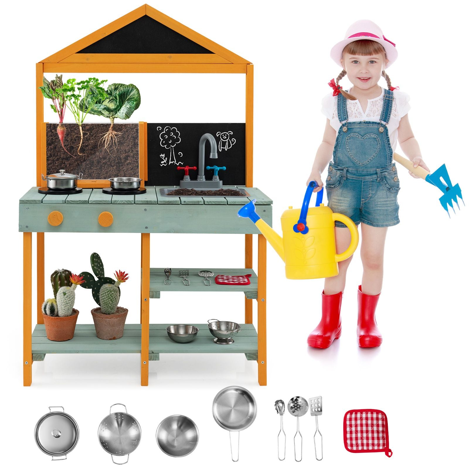 Enfant en tenue de jardinier avec un arrosoir à côté d'une cuisine en bois avec jardinière.