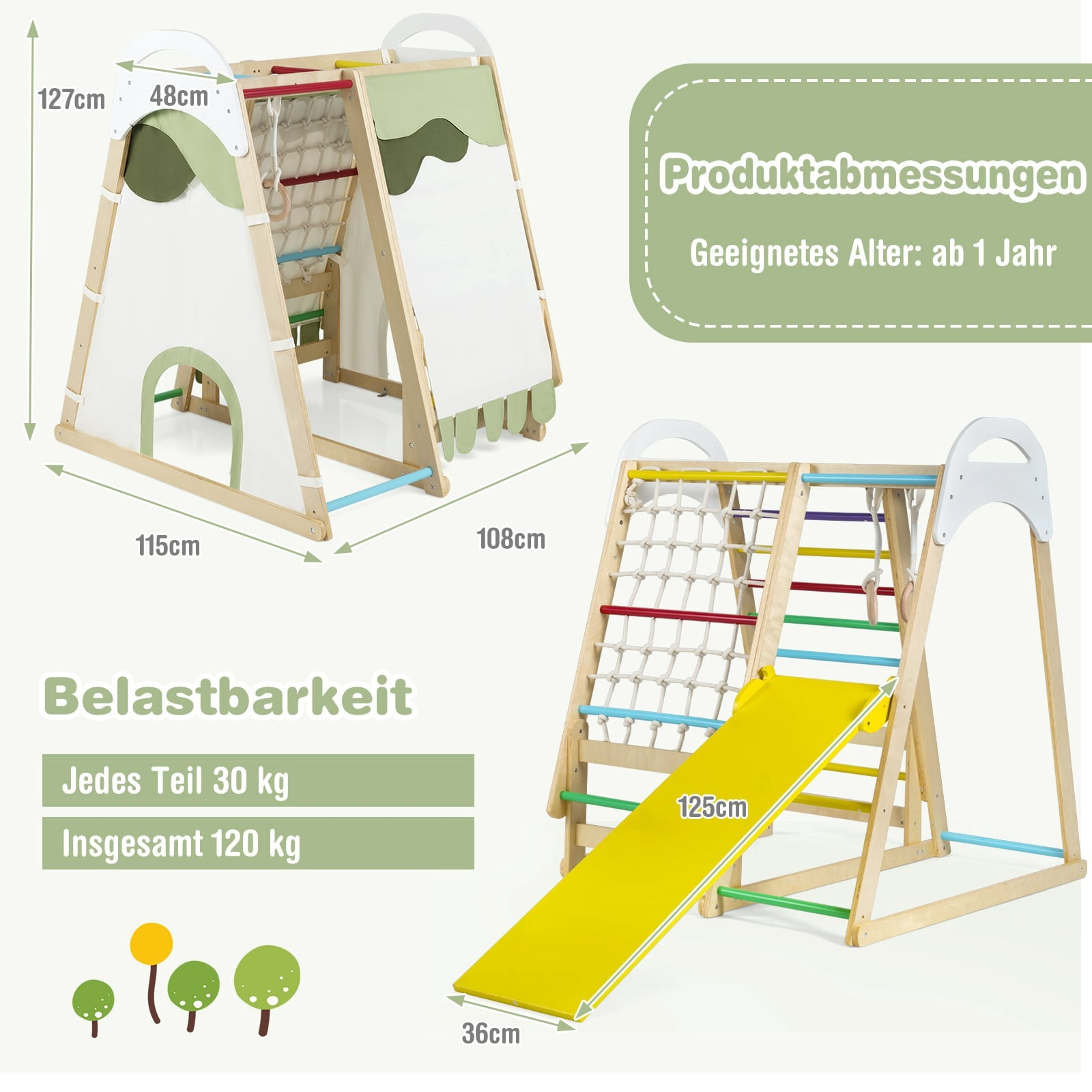Portique d'escalade en bois pour enfants avec dimensions et capacité.