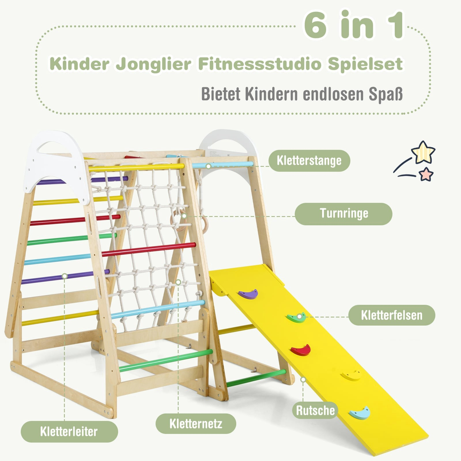 Un jeu en bois 6 en 1 pour enfants avec échelle, filet, anneaux, rochers d'escalade et toboggan.