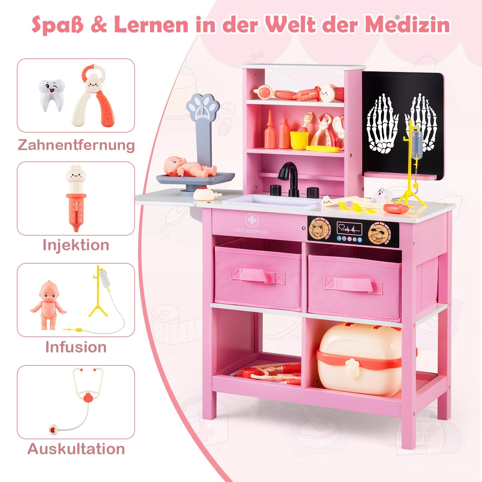 Station médicale pour enfants en bois rose avec jouets et panneaux éducatifs.