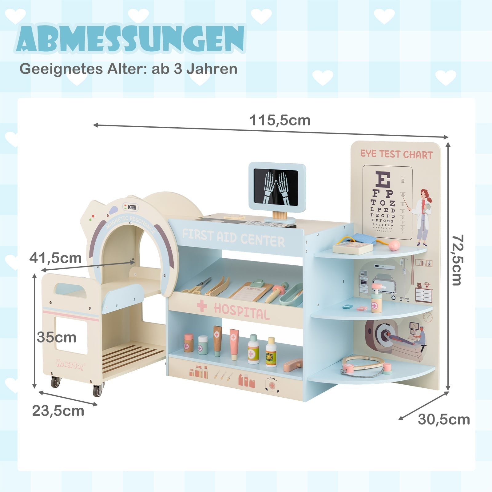 Ensemble de jeu de médecin en bois avec dimensions, étagères, accessoires médicaux et table d'examen pour enfants.