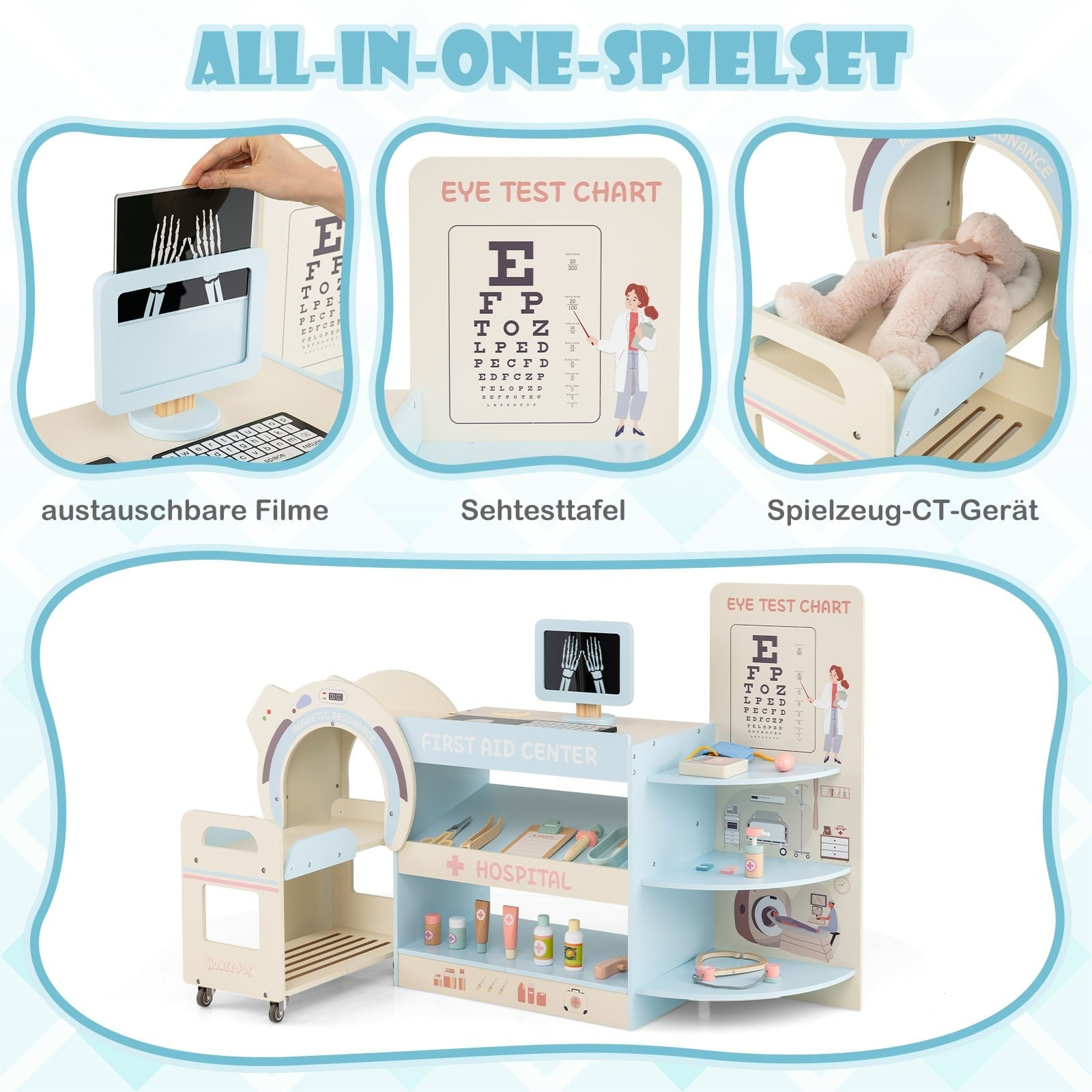 Un jeu de médecin en bois tout-en-un avec scanner CT, tableau optométrique, radiographies et accessoires.