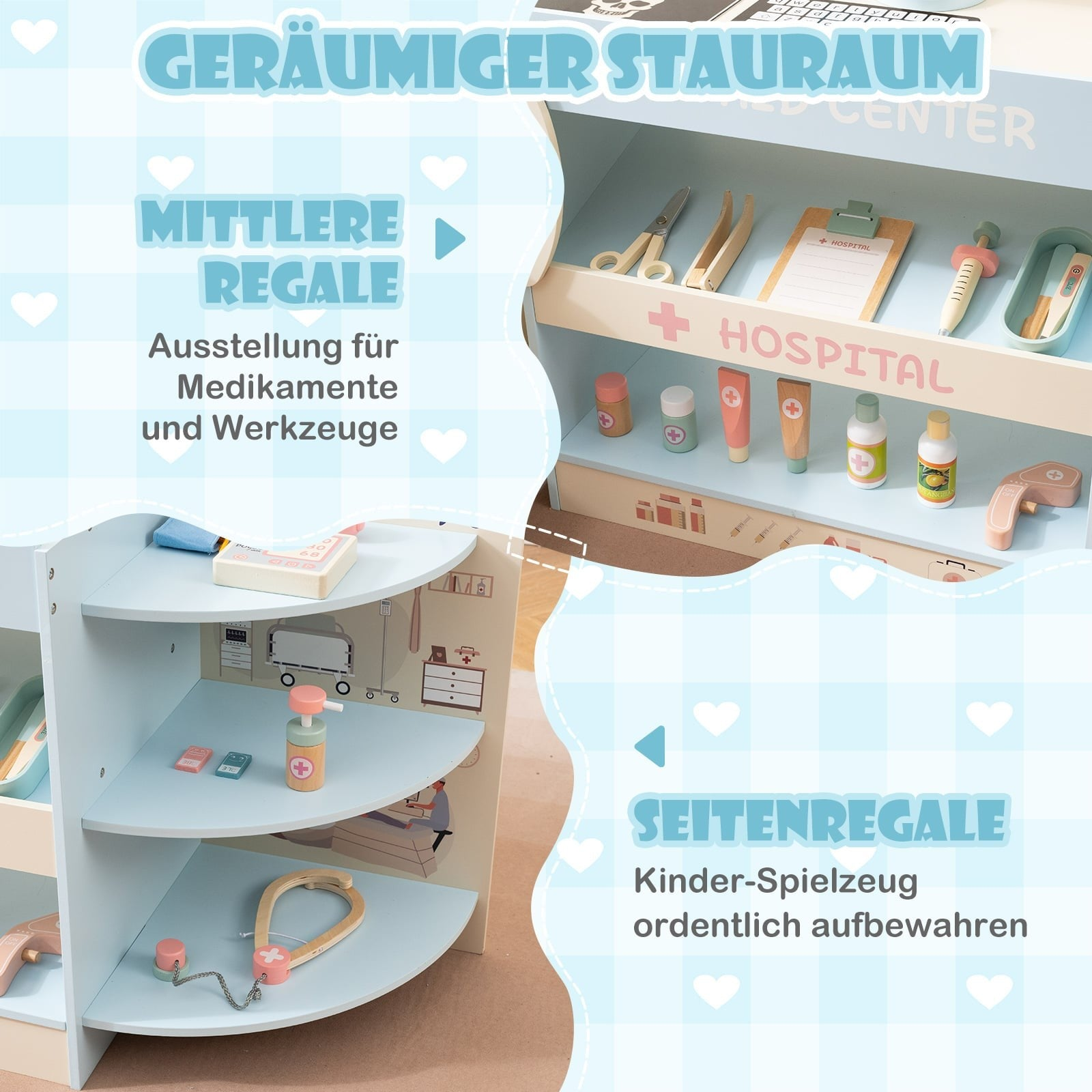 Un centre médical pour enfants en bois avec des étagères remplies de jouets médicaux.