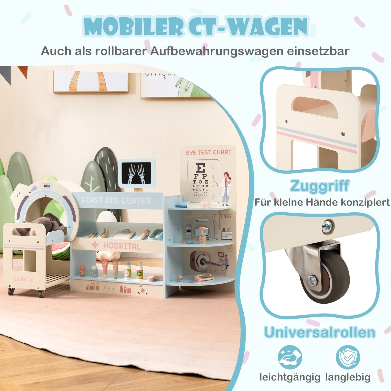 Un chariot de docteur en bois mobile pour enfants avec accessoires et roulettes.