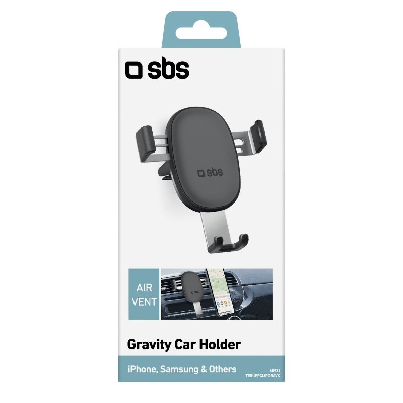 Confezione del supporto per auto sbs Gravity per bocchette dell'aria, con il supporto grigio.