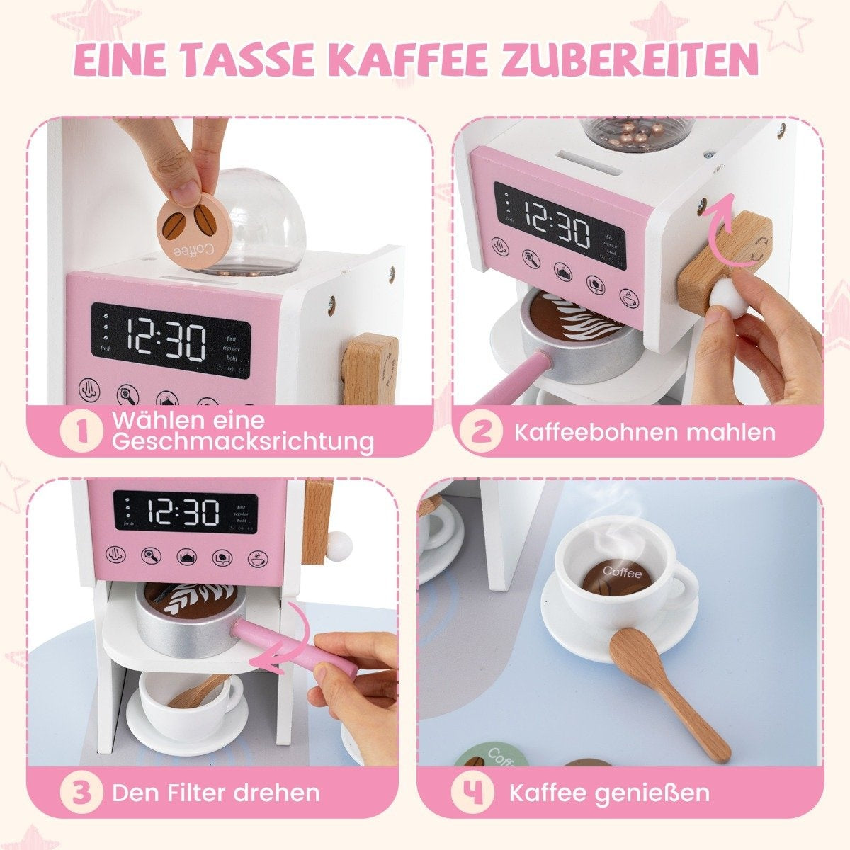 Quatre étapes pour préparer du café avec une cafetière jouet en bois.