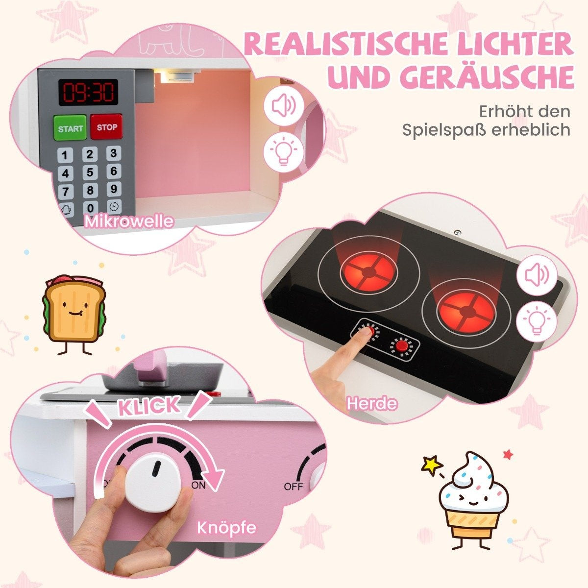 Cuisine jouet avec micro-ondes, cuisinière éclairée et boutons rotatifs.