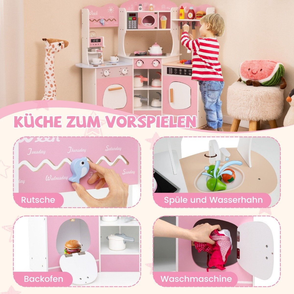 Un enfant joue avec une grande cuisine jouet en bois rose avec micro-ondes, four et machine à laver.