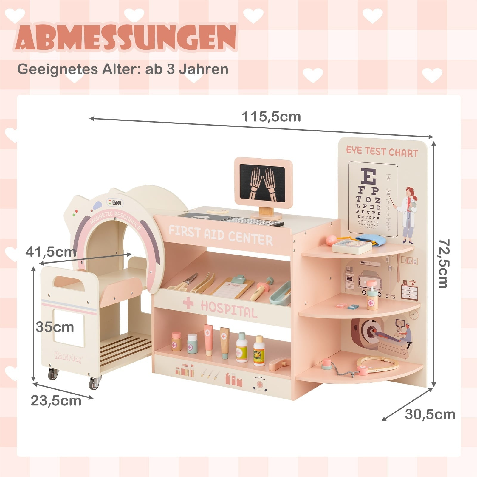 Ensemble de médecin en bois pour enfants avec accessoires et dimensions.