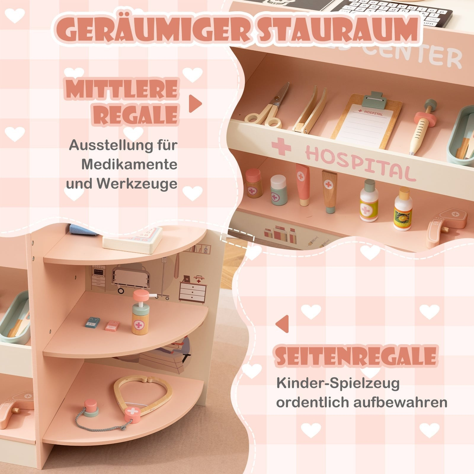 Jeu d'hôpital en bois rose avec des étagères remplies de jouets médicaux.