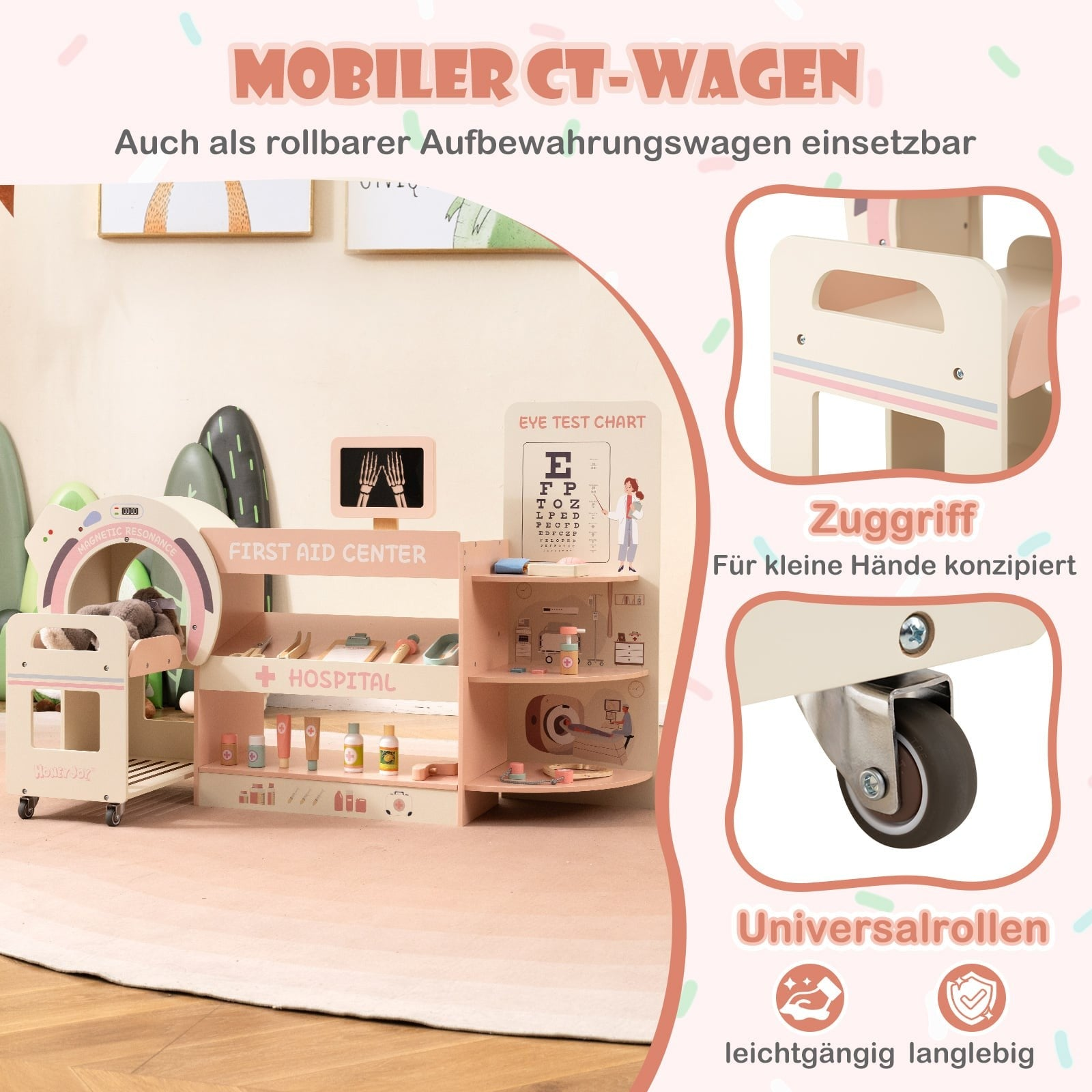 Un jeu de docteur en bois pour enfants avec chariot de rangement et accessoires.