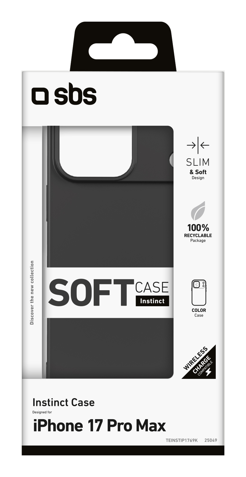 SBS Instinct Soft Case Verpackung für iPhone 17 Pro Max mit Icons für Slim, recycelbar und kabelloses Laden.