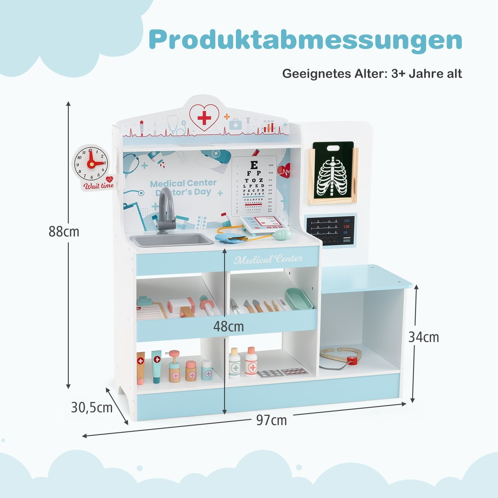 Ensemble de médecin en bois avec dimensions, évier et accessoires médicaux.