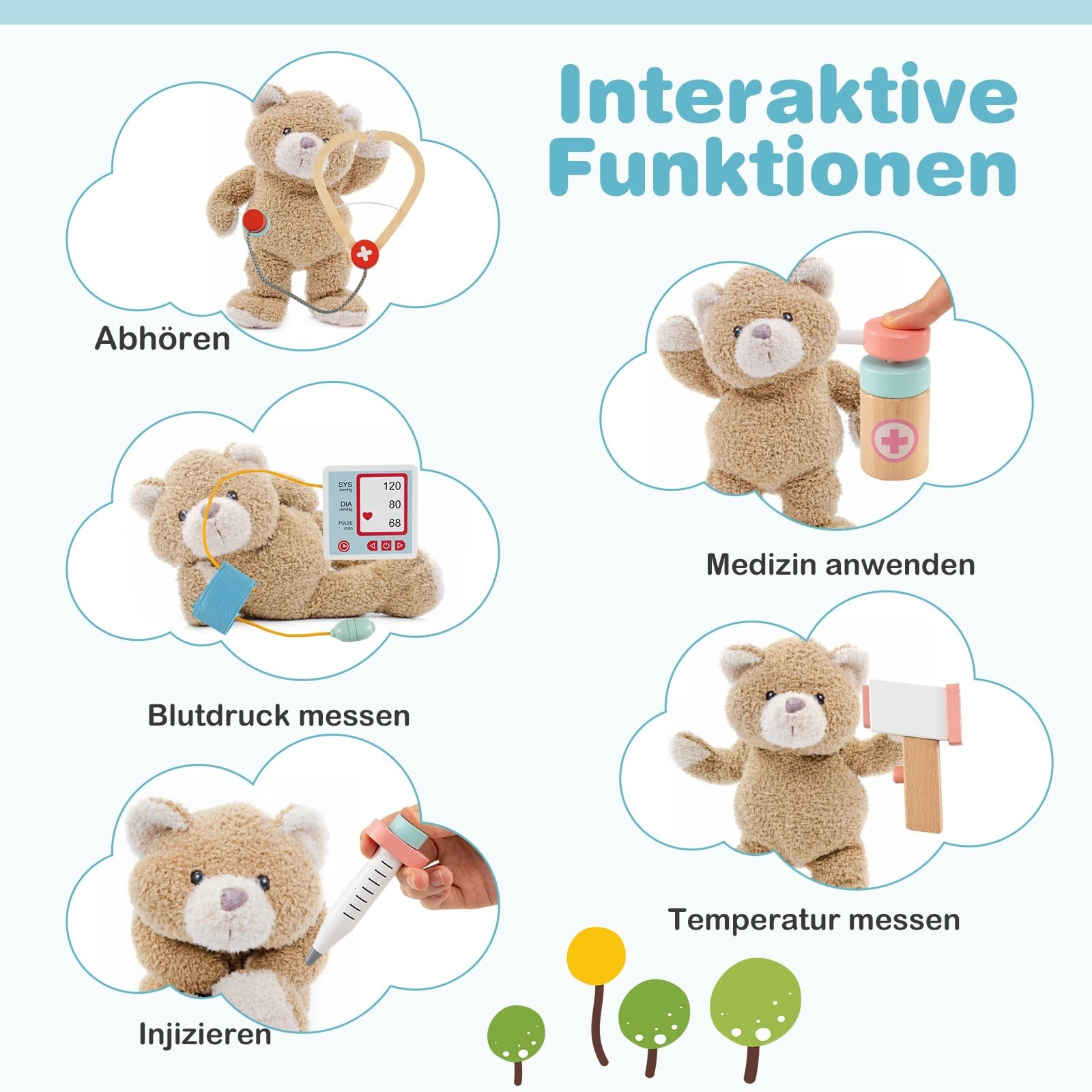 Un ours en peluche montre des fonctions médicales comme la tension artérielle et les injections.