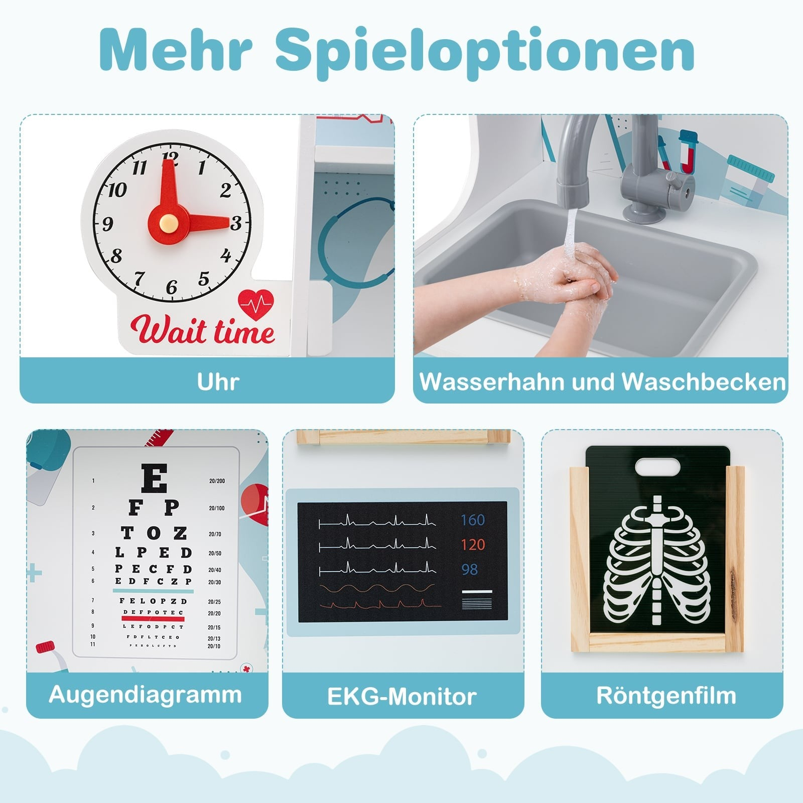 Un collage de pièces de poste médical jouet : horloge, évier, test de vision, moniteur EKG et radio.