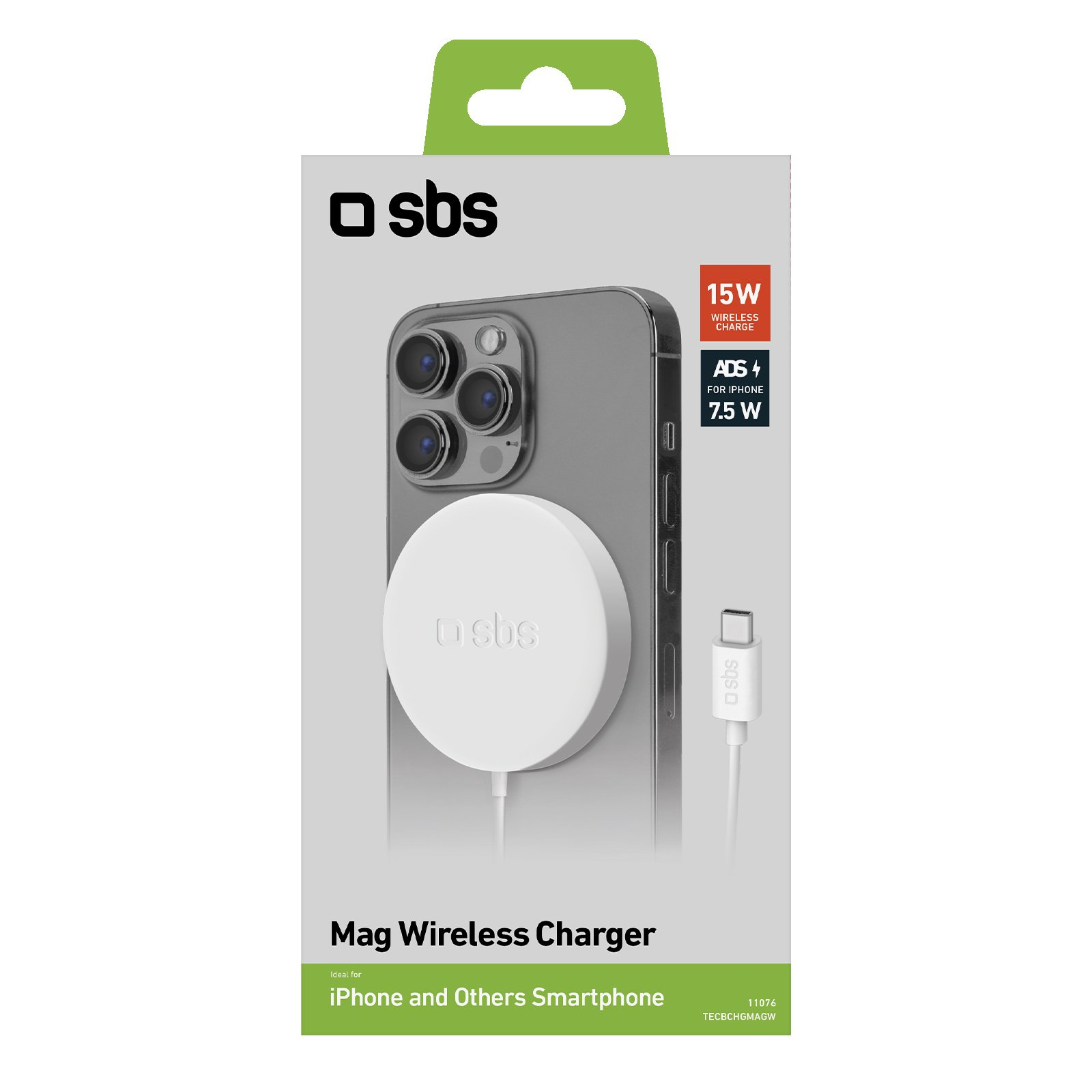 Confezione caricabatterie wireless SBS Mag con smartphone e caricatore bianco.