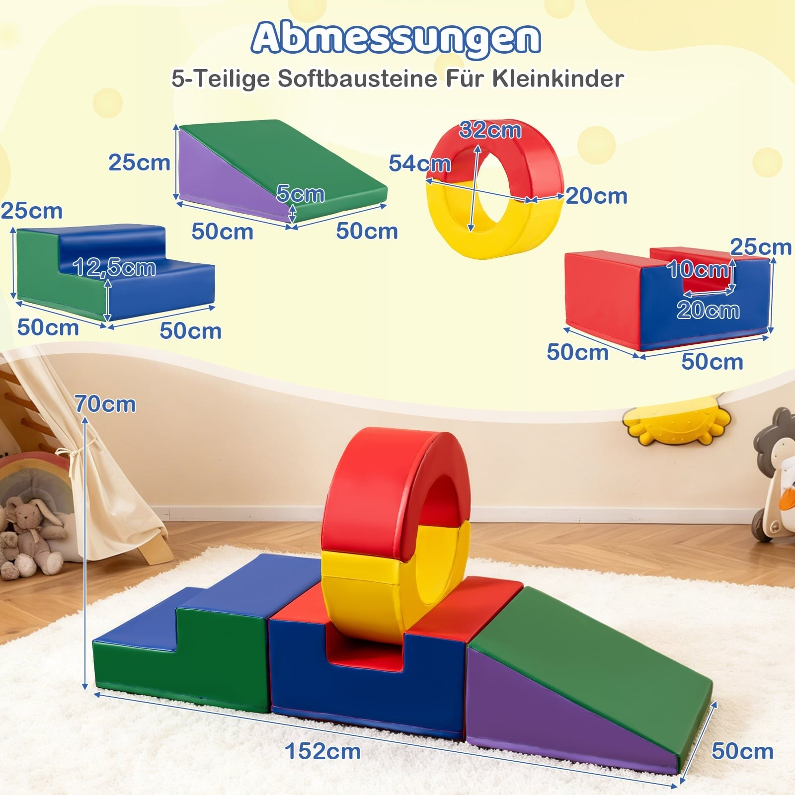 Blocs de jeu en mousse colorés pour tout-petits avec dimensions sur un tapis.