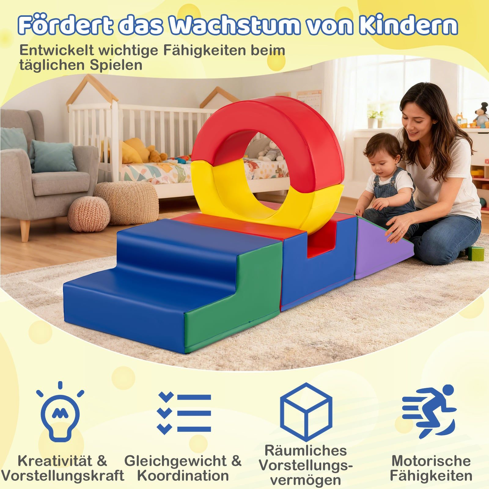 Une mère et son tout-petit jouent avec des blocs de mousse colorés dans une pièce lumineuse.