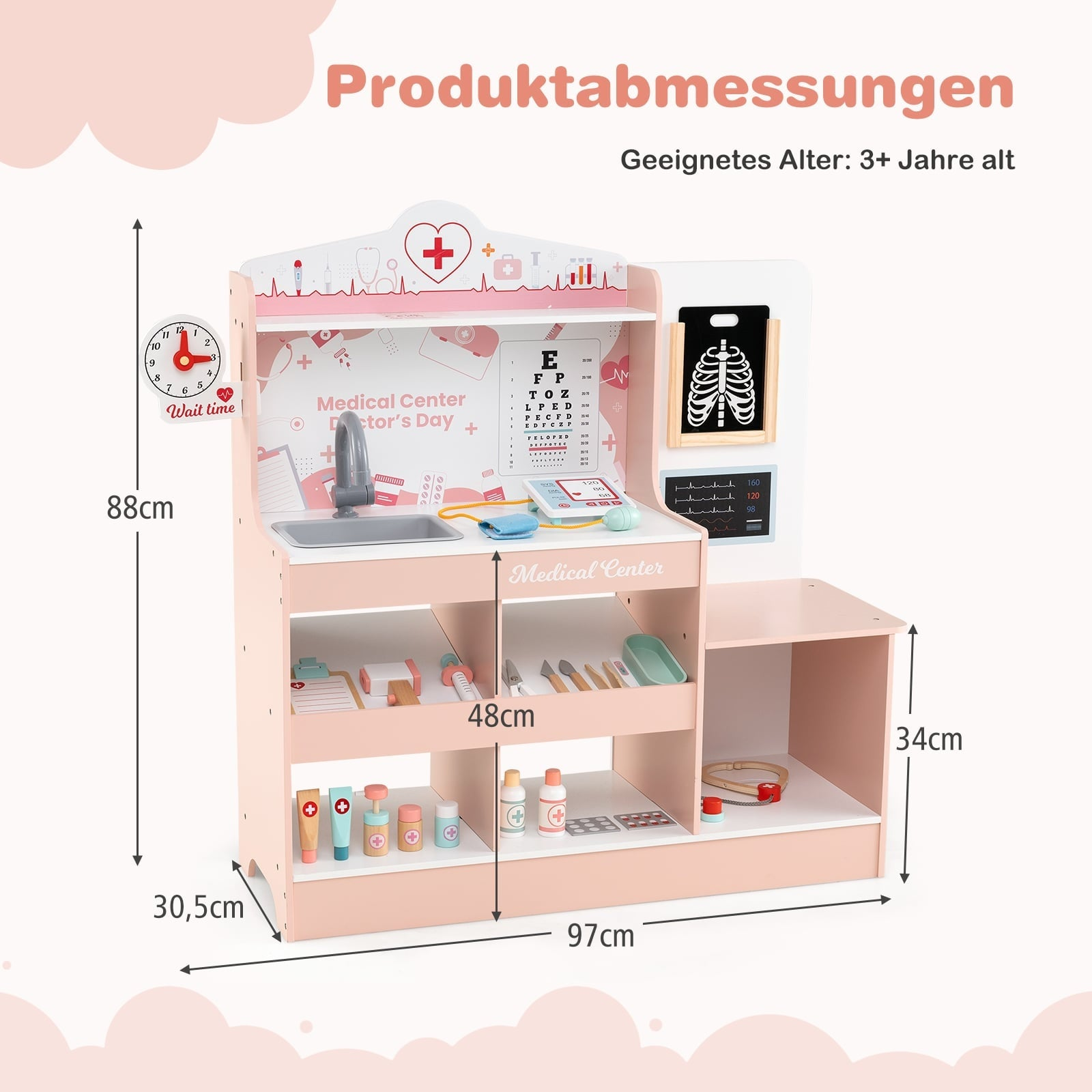 Ensemble de médecin en bois rose et blanc avec accessoires médicaux et dimensions du produit imprimées.