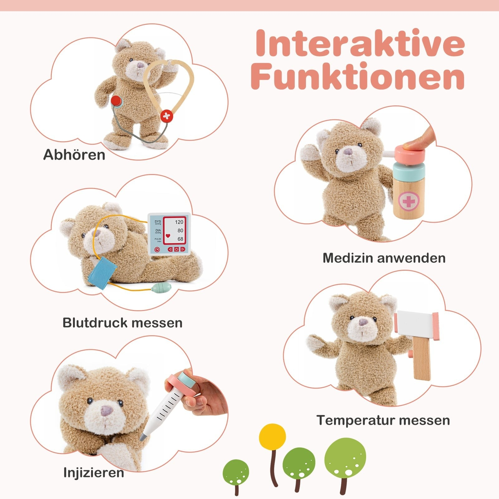 Un ours en peluche montre des actions de jeu médical comme l'auscultation, la tension et l'injection.