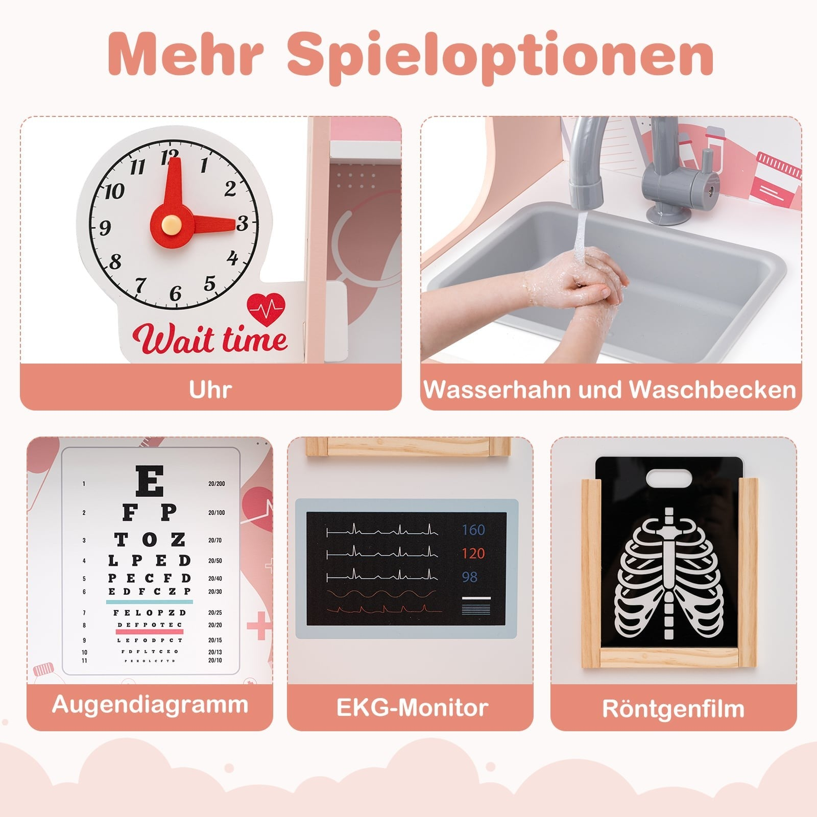Divers jouets de médecin comme une horloge, un évier, un test visuel et une radio.